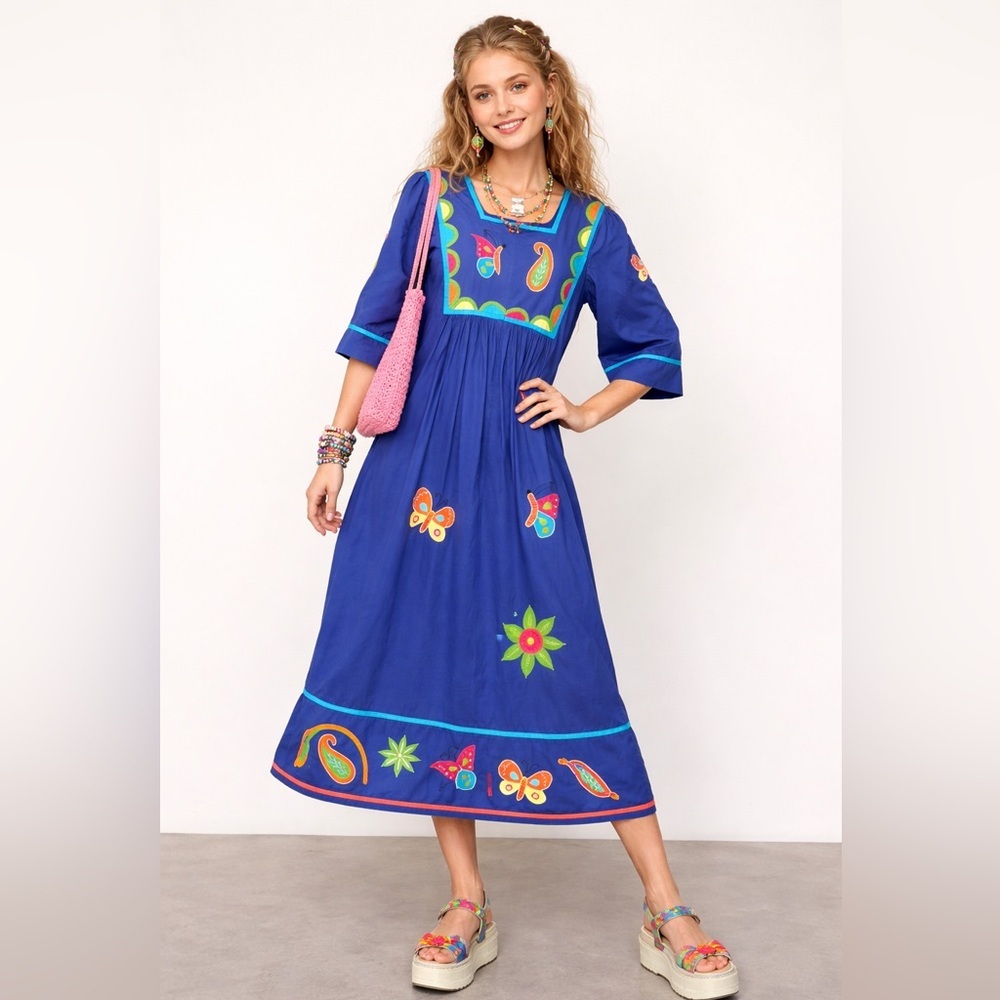 Vintage‎ SAYBURY 90s Y2K 100% Cotton Embroidered Midi Dress Empire Waist Pockets